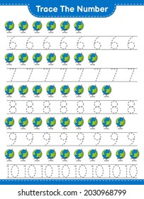 Rastrear el número. Número de seguimiento con Globe. Juego infantil educativo, hoja de cálculo imprimible, ilustración vectorial