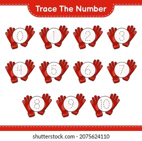 Trace the number. Tracing number with Goalkeeper Gloves. Educational children game, printable worksheet, vector illustration