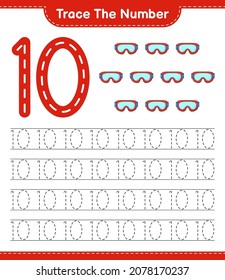 Trace the number. Tracing number with Goggle. Educational children game, printable worksheet, vector illustration