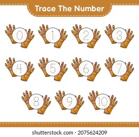 Trace the number. Tracing number with Golf Gloves. Educational children game, printable worksheet, vector illustration