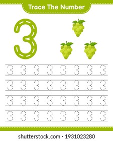 Trace the number. Tracing number with Grape. Educational children game, printable worksheet, vector illustration