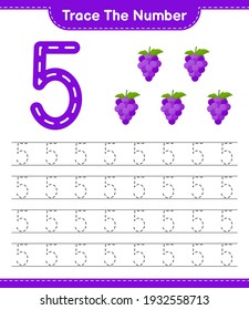 Trace the number. Tracing number with Grape. Educational children game, printable worksheet, vector illustration