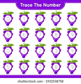 Trace the number. Tracing number with Grape. Educational children game, printable worksheet, vector illustration