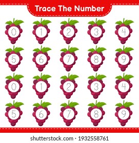 Trace the number. Tracing number with Grape. Educational children game, printable worksheet, vector illustration