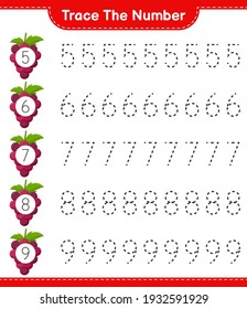 Trace the number. Tracing number with Grape. Educational children game, printable worksheet, vector illustration