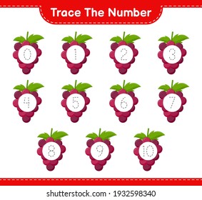 Trace the number. Tracing number with Grape. Educational children game, printable worksheet, vector illustration