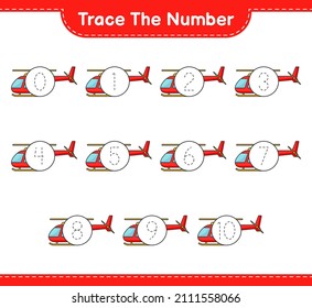 Trace the number. Tracing number with Helicopter. Educational children game, printable worksheet, vector illustration