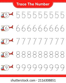 Trace the number. Tracing number with Helicopter. Educational children game, printable worksheet, vector illustration