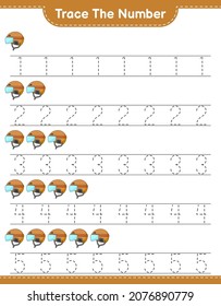 Trace the number. Tracing number with Hockey Helmet. Educational children game, printable worksheet, vector illustration