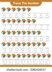 Trace the number. Tracing number with Hockey Helmet. Educational children game, printable worksheet, vector illustration
