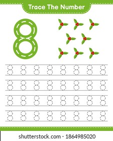Trace the number. Tracing number with Holly Berries. Educational children game, printable worksheet, vector illustration