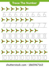 Trace the number. Tracing number with Holly Berries. Educational children game, printable worksheet, vector illustration