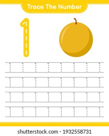Trace the number. Tracing number with Honey Melon. Educational children game, printable worksheet, vector illustration