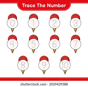 Trace the number. Tracing number with Ice Cream. Educational children game, printable worksheet, vector illustration