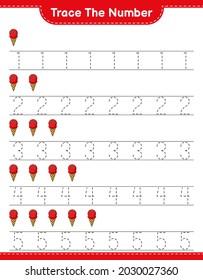 Rastrear el número. Número de seguimiento con helado. Juego infantil educativo, hoja de cálculo imprimible, ilustración vectorial