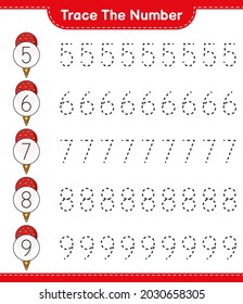 Trace the number. Tracing number with Ice Cream. Educational children game, printable worksheet, vector illustration