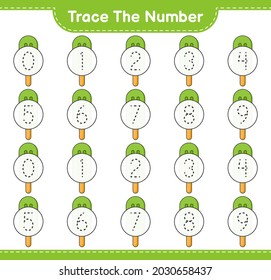 Trace the number. Tracing number with Ice Cream. Educational children game, printable worksheet, vector illustration
