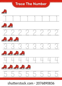 Trace the number. Tracing number with Ice Skates. Educational children game, printable worksheet, vector illustration