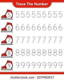 Trace the number. Tracing number with Ice Skates. Educational children game, printable worksheet, vector illustration