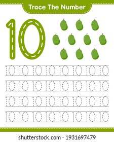 Trace the number. Tracing number with Jackfruit. Educational children game, printable worksheet, vector illustration