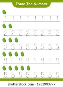 Trace the number. Tracing number with Jackfruit. Educational children game, printable worksheet, vector illustration