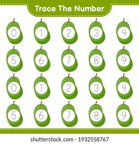 Trace the number. Tracing number with Jackfruit. Educational children game, printable worksheet, vector illustration