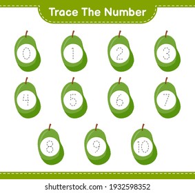 Trace the number. Tracing number with Jackfruit. Educational children game, printable worksheet, vector illustration