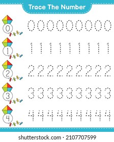 Trace the number. Tracing number with Kite. Educational children game, printable worksheet, vector illustration