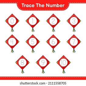 Trace the number. Tracing number with Kite. Educational children game, printable worksheet, vector illustration
