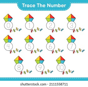 Trace the number. Tracing number with Kite. Educational children game, printable worksheet, vector illustration