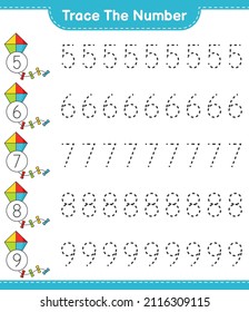 Trace the number. Tracing number with Kite. Educational children game, printable worksheet, vector illustration