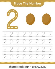 Trace the number. Tracing number with Kiwi. Educational children game, printable worksheet, vector illustration