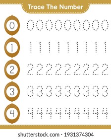 Trace the number. Tracing number with Kiwi. Educational children game, printable worksheet, vector illustration