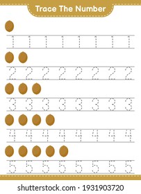 Trace the number. Tracing number with Kiwi. Educational children game, printable worksheet, vector illustration