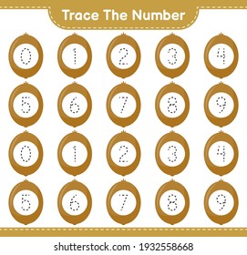 Trace the number. Tracing number with Kiwi. Educational children game, printable worksheet, vector illustration