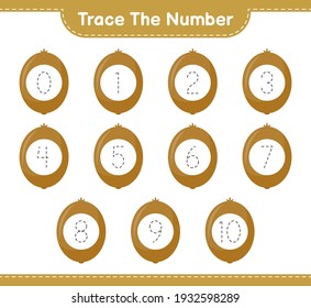 Trace the number. Tracing number with Kiwi. Educational children game, printable worksheet, vector illustration