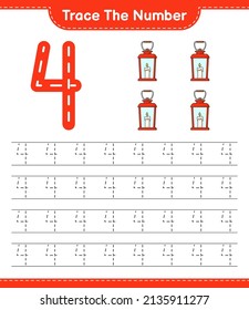 Trace the number. Tracing number with Lantern. Educational children game, printable worksheet, vector illustration