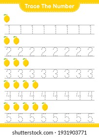 Trace the number. Tracing number with Lemon. Educational children game, printable worksheet, vector illustration