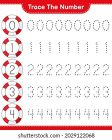Rastrear el número. Número de seguimiento con Lifebuoy. Juego infantil educativo, hoja de cálculo imprimible, ilustración vectorial