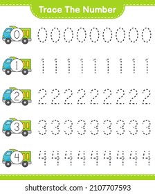 Rastrear el número. Número de seguimiento con Camión. Juego infantil educativo, hoja de cálculo imprimible, ilustración vectorial