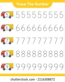 Tragen Sie die Nummer ein. Rennnummer mit Lkw. Kinderspiel, druckbares Arbeitsblatt, Vektorgrafik