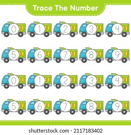 Trace the number. Tracing number with Lorry. Educational children game, printable worksheet, vector illustration
