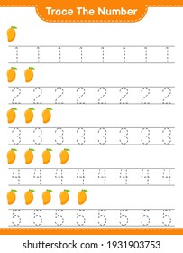 Rastrear el número. Número de seguimiento con Mango. Juego infantil educativo, hoja de cálculo imprimible, ilustración vectorial