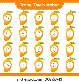 Trace the number. Tracing number with Mango. Educational children game, printable worksheet, vector illustration