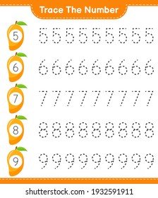 Trace the number. Tracing number with Mango. Educational children game, printable worksheet, vector illustration