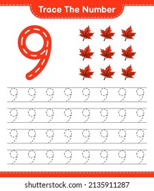Trace the number. Tracing number with Maple Leaf. Educational children game, printable worksheet, vector illustration