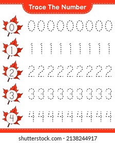 Trace the number. Tracing number with Maple Leaf. Educational children game, printable worksheet, vector illustration