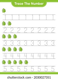 Trace the number. Tracing number with Monstera. Educational children game, printable worksheet, vector illustration