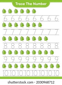 Rastrear el número. Número de seguimiento con Monstera. Juego infantil educativo, hoja de cálculo imprimible, ilustración vectorial