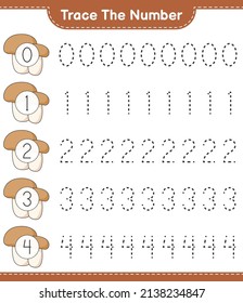 Trace the number. Tracing number with Mushroom Boletus. Educational children game, printable worksheet, vector illustration